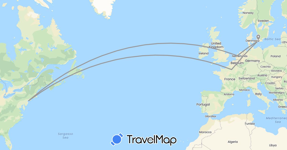 TravelMap itinerary: driving, plane in Denmark, France, Netherlands, United States (Europe, North America)